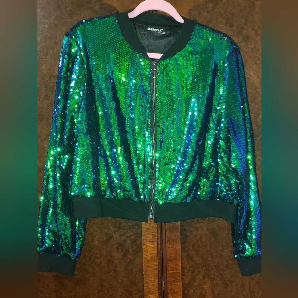Green Sequin Bomber Jacket